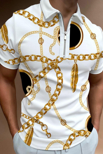 White Fashion Casual Print Patchwork Zipper POLO collar Tops