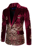 Burgundy Fashion Embroidery Patchwork Buttons Turn-back Collar Outerwear
