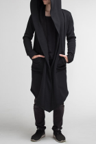 Casacos de colarinho com capuz e bolso preto casual sólido patchwork
