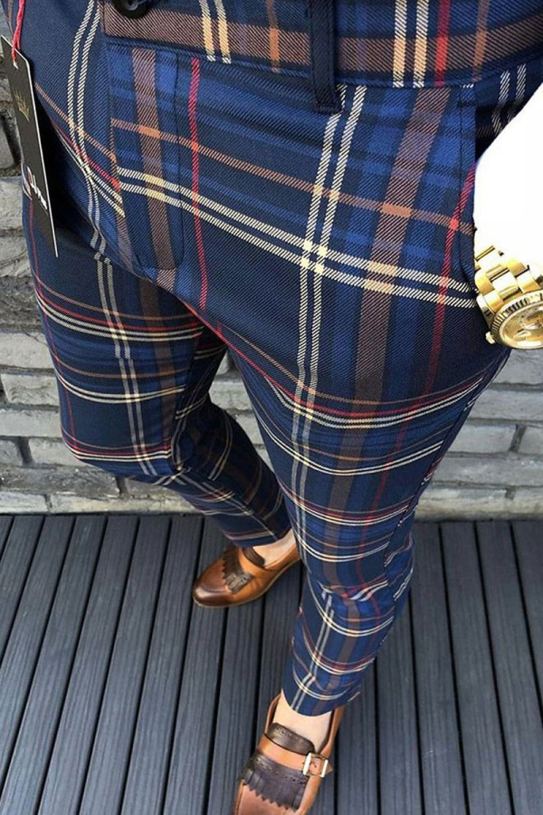 Pantaloni a matita a vita media con patchwork scozzese casual alla moda blu