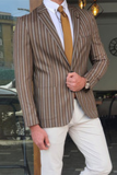 Bruine mode gestreepte patchwork knopen bovenkleding met omslagkraag