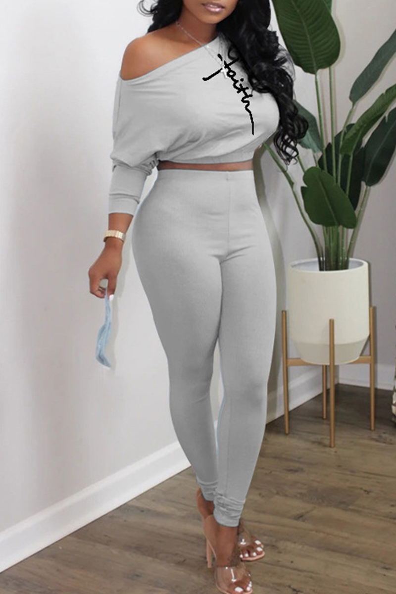 

Grey Fashion Casual Print Basic Oblique Collar Long Sleeve Two Pieces