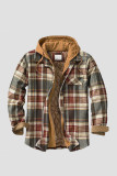 Gray Blue Casual Plaid Draw String Zipper Hooded Collar Outerwear