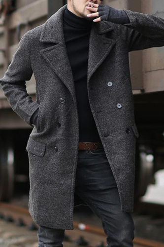 Grey Fashion Casual Solid Patchwork Buckle Turndown Collar Outerwear