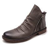 Burgundy Fashion Fold Zipper Round Leather Shoes
