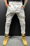 Pantalones rectos de cintura media con parches lisos informales de moda blanco