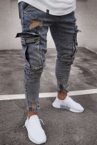 Pantalones lápiz de cintura media de patchwork liso de moda urbana gris azul