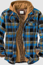 Ropa de abrigo casual estampado a cuadros patchwork hebilla cremallera cuello con capucha azul