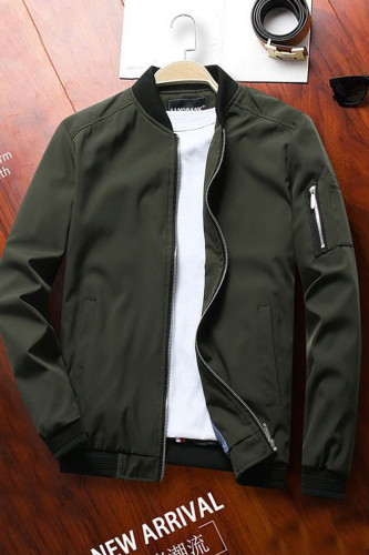 Army Green Casual Solid Patchwork Zipper Mandarin Collar Outerwear