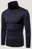 Navy Blue Fashion Casual Solid Patchwork Basic Turtleneck Tops