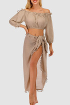 Khaki Sexy Solid Tassel Patchwork Off the Shoulder Long Sleeve Two Pieces