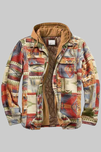 Multicolor Fashion Casual Print Split Joint Hooded Collar Outerwear