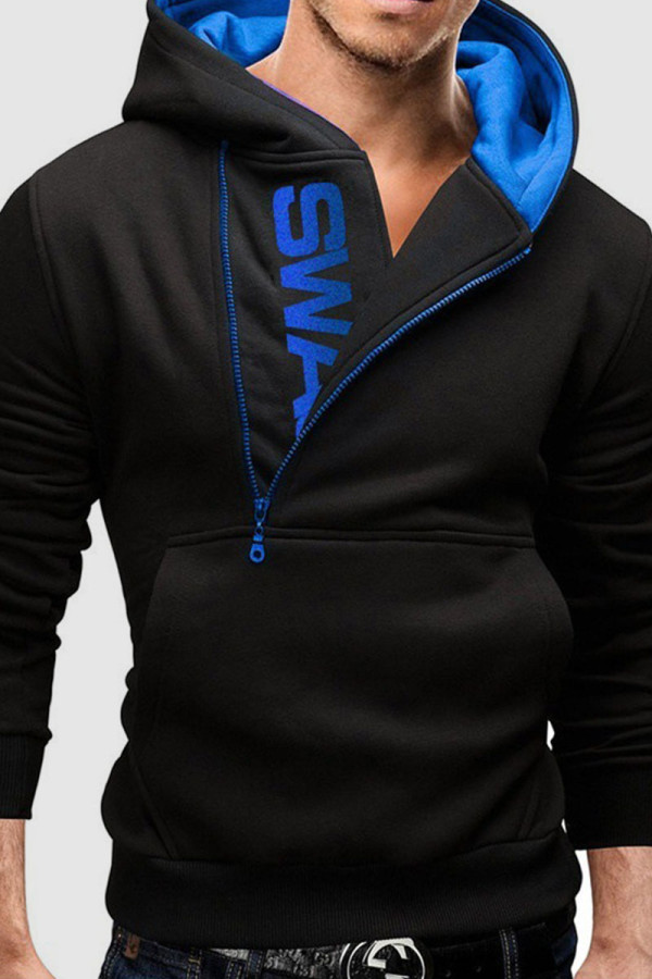 Tops de cuello con capucha y cremallera de patchwork con estampado casual azul negro