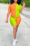 Orange Grön Mode Casual Solid Patchwork O Neck Kort ärm Två delar