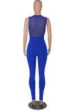 Blue Fashion Sexy Patchwork See-through V Neck Skinny Jumpsuits