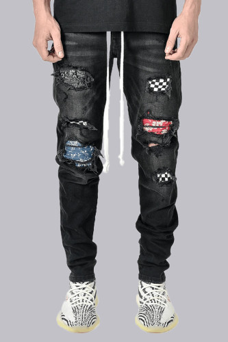 Black Fashion Street Patchwork Ripped Mid Waist Pencil Bottoms