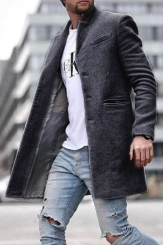 Prendas de abrigo de cuello vuelto con hebilla de bolsillo sólido de moda gris oscuro