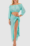 Lake Blue Sexy Solid Tassel Patchwork Off the Shoulder Long Sleeve Two Pieces