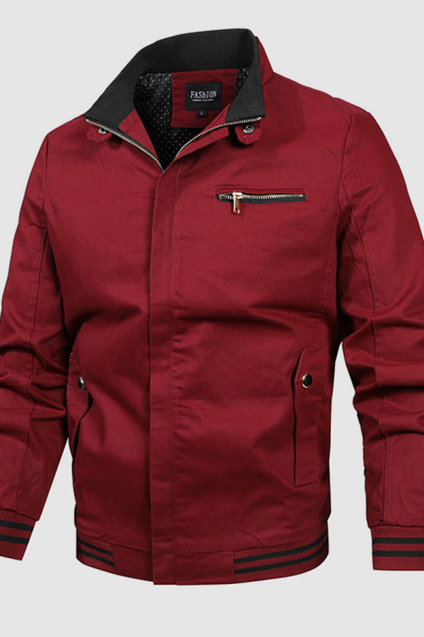 Rote, lässige, solide, bestickte Patchwork-Taschen-Reißverschluss-Oberbekleidung mit Stehkragen