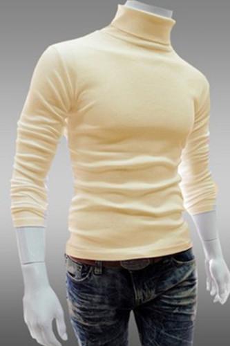 Cream White Casual Solid Split Joint Turtleneck Tops