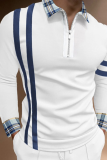 White Blue Fashion Casual Print Patchwork Zipper POLO collar Tops