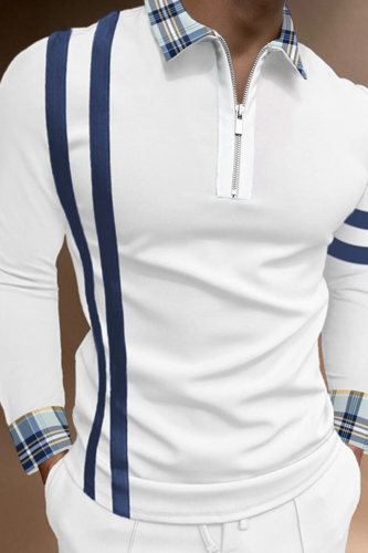 White Blue Fashion Casual Print Split Joint Zipper POLO collar Tops