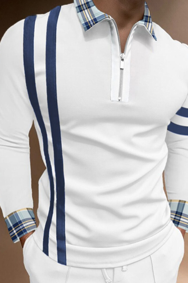 Top con colletto POLO con cerniera patchwork con stampa casual blu bianco e moda