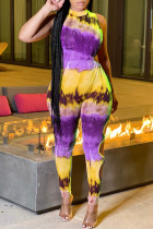 Желто-фиолетовый модный сексуальный бинт с принтом, вырезанный наполовину водолазкой, узкие комбинезоны