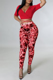 Red Sexy Print Leopard Patchwork V Neck Short Sleeve Two Pieces