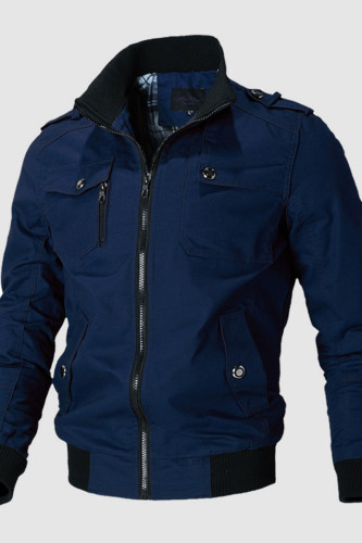Prendas de abrigo casual sólido bordado patchwork bolsillo cremallera cuello mandarín azul