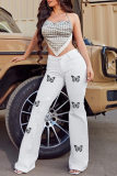 Witte, casual skinny jeans met hoge taille en vlinderprint