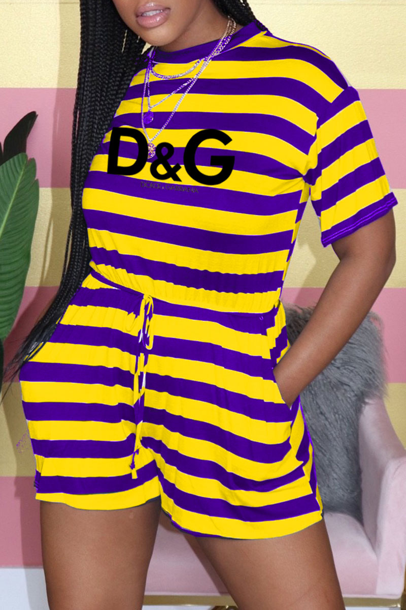 

Purple Yellow Fashion Casual Striped Letter O Neck Short Sleeve Two Pieces