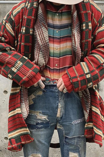 Red Fashion Casual Plaid Patchwork Outerwear
