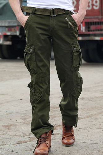 Army Green Casual Solid Split Joint Pocket Straight Straight Solid Color Pants