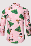 Pink Casual Street Santa Claus Christmas Tree Printed Buckle Turndown Collar Tops