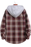 Burgundy Fashion Casual Plaid Make Old Buckle Hooded Collar Outerwear