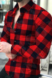 Pale Red Fashion Casual Plaid Print Patchwork Buckle Turndown Collar Tops