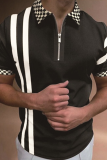 Black Fashion Casual Plaid Striped Patchwork Zipper POLO collar Tops