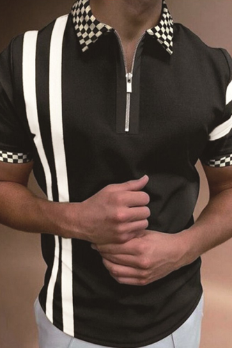 Black Fashion Casual Plaid Striped Patchwork Zipper POLO collar Tops