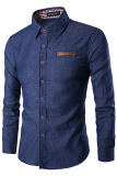 Diepblauwe mode casual patchwork gesp overhemdkraag tops