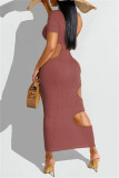 Brown Fashion Sexy Solid Hollowed Out O Neck Short Sleeve Dress