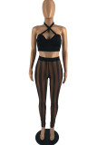 Black Fashion Sexy Striped Patchwork See-through Backless Halter Sleeveless Two Pieces