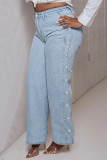 Babyblauwe mode casual effen knopen split hoge taille normale denim jeans