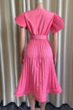 Mode rose décontracté solide pli avec ceinture col en V robe à manches courtes robes