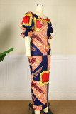 Vestido de manga curta com estampa casual moda multicolorida básica decote em V