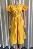 Mode jaune décontracté solide pli avec ceinture col en V robe à manches courtes robes