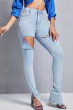 Light Blue Fashion Casual Solid Ripped Slit High Waist Skinny Denim Jeans