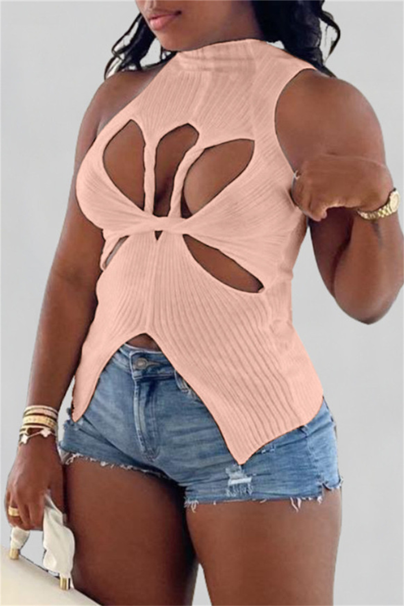 

Pink Fashion Sexy Solid Hollowed Out Split Joint Asymmetrical Turtleneck Tops