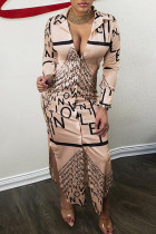 Kaki décontracté imprimé patchwork boucle col rabattu robe chemise robes