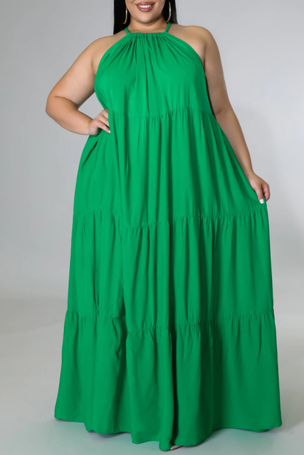 Зеленое сексуальное повседневное однотонное платье с открытой спиной и круглым вырезом без рукавов Платья больших размеров